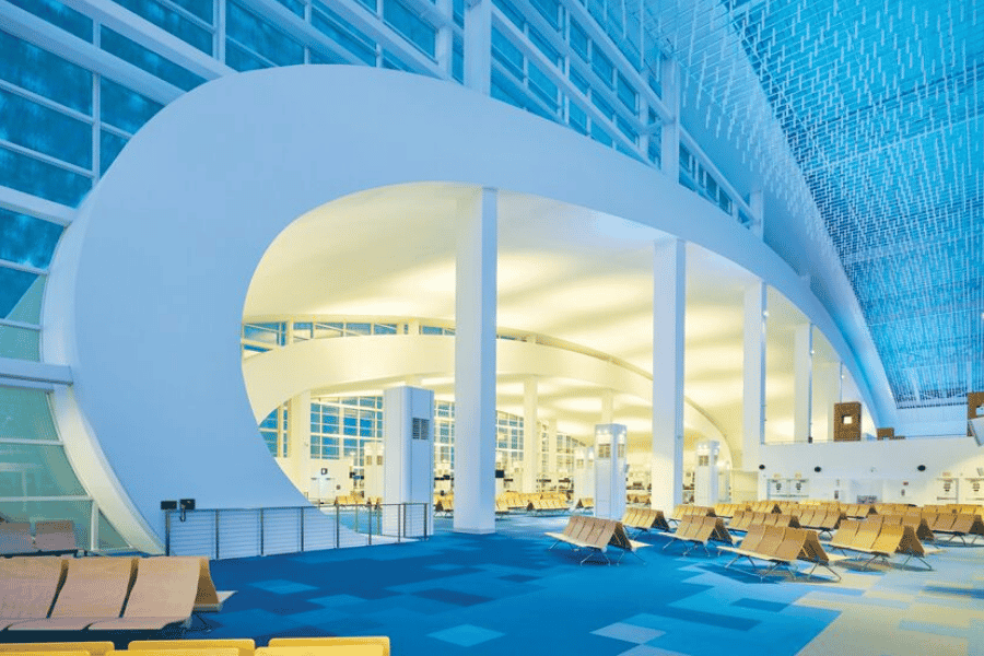 Empty airport with elaborate ceiling